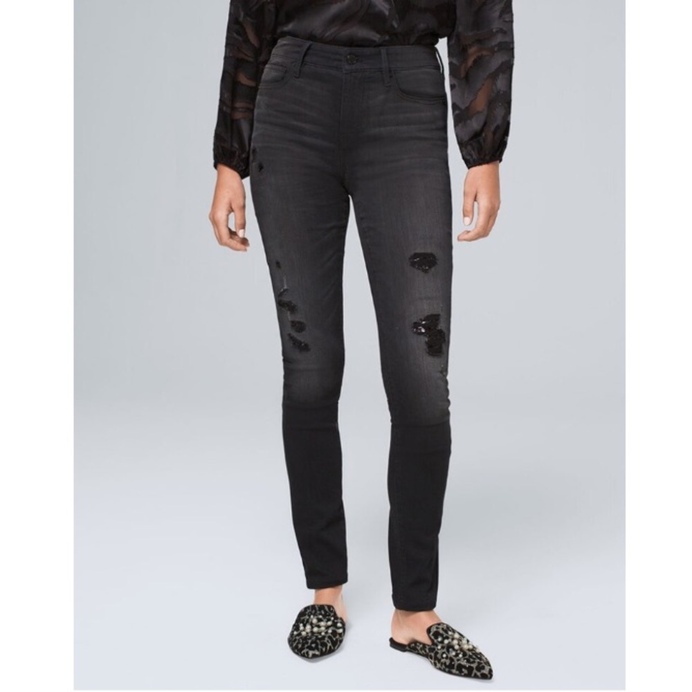 WHBM High-Rise Sequin Destructed Skinny Jeans